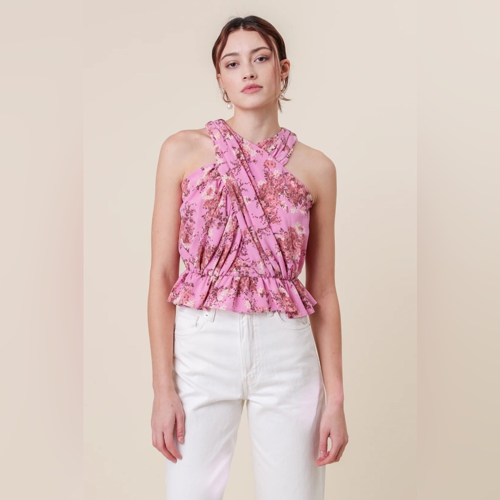 Line and dot- rose Floral Pink bloom top - XS